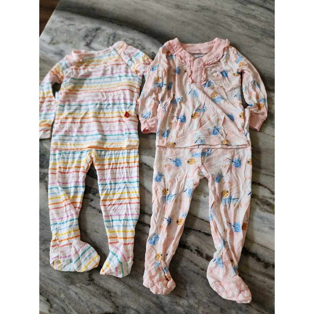 Magnetic Me 9-12 Months Pajama Set 2pc Lot Rainbow Stripe Artist Cat Modal PJs